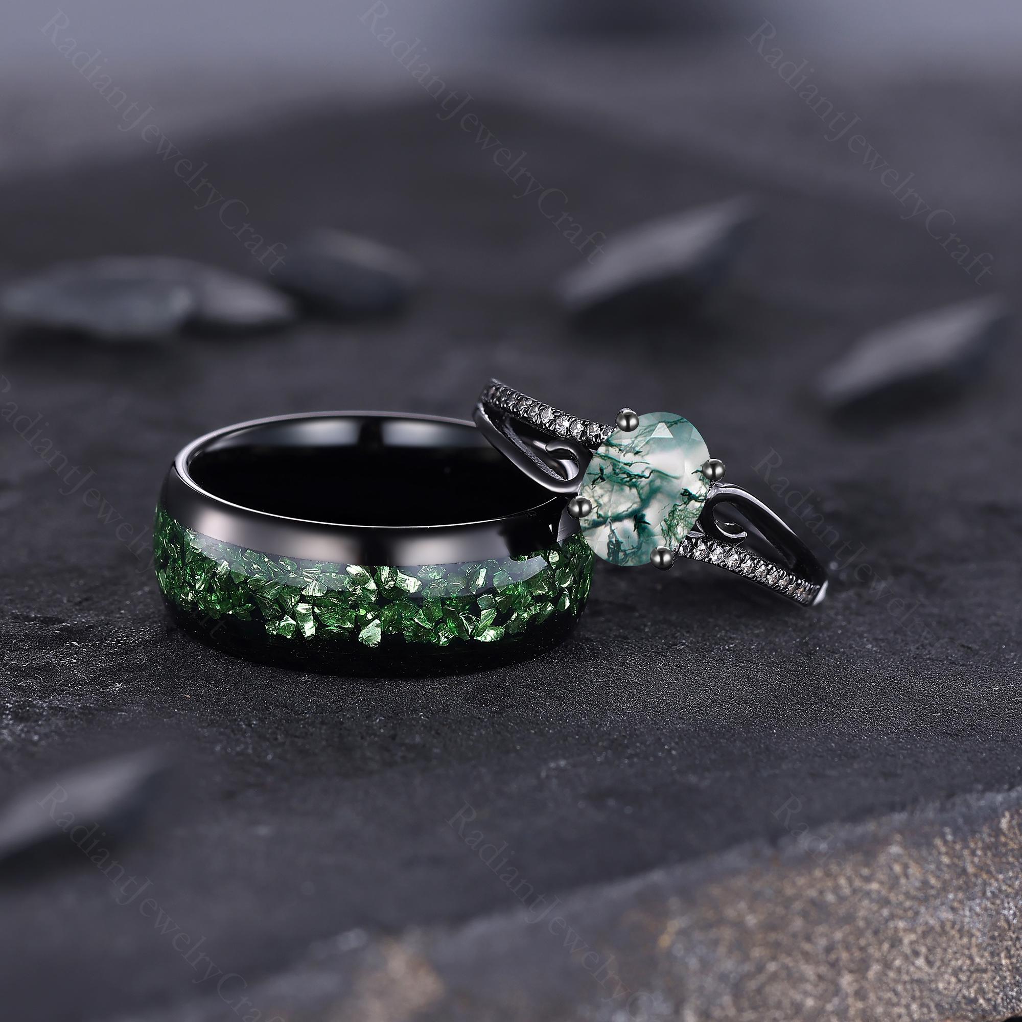 Moss Agate Wedding Ring Set: Black Gold & Tungsten Matching