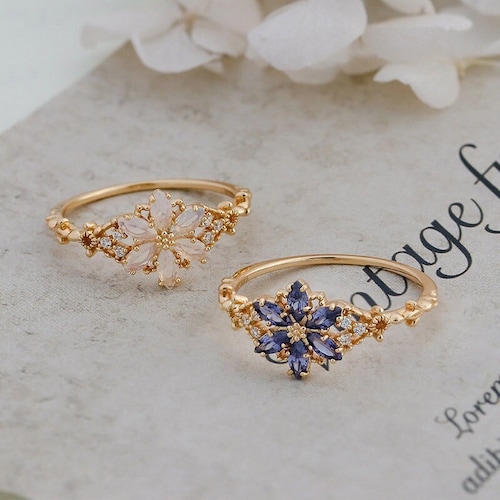 Vintage Tanzanite Flower Ring: Dainty Gold Floral Jewelry