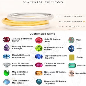 May include: A chart showing the birthstones for each month of the year. The chart includes the name of the birthstone and its corresponding month. The chart also includes the option to choose between white gold vermeil, 18k gold vermeil, or 925 sterling silver.