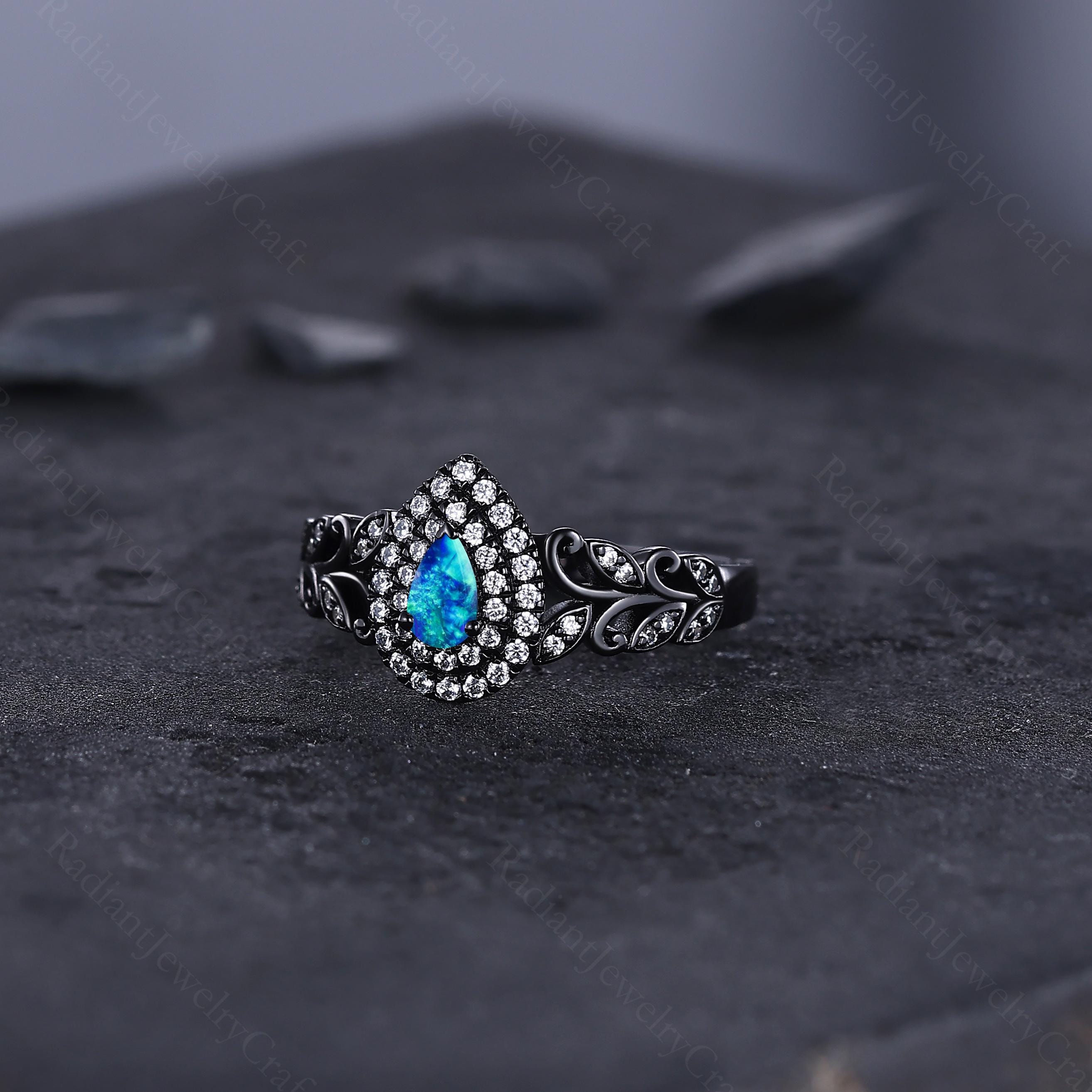 Vintage Blue Opal Couples Ring His and Hers Wedding Band Pear