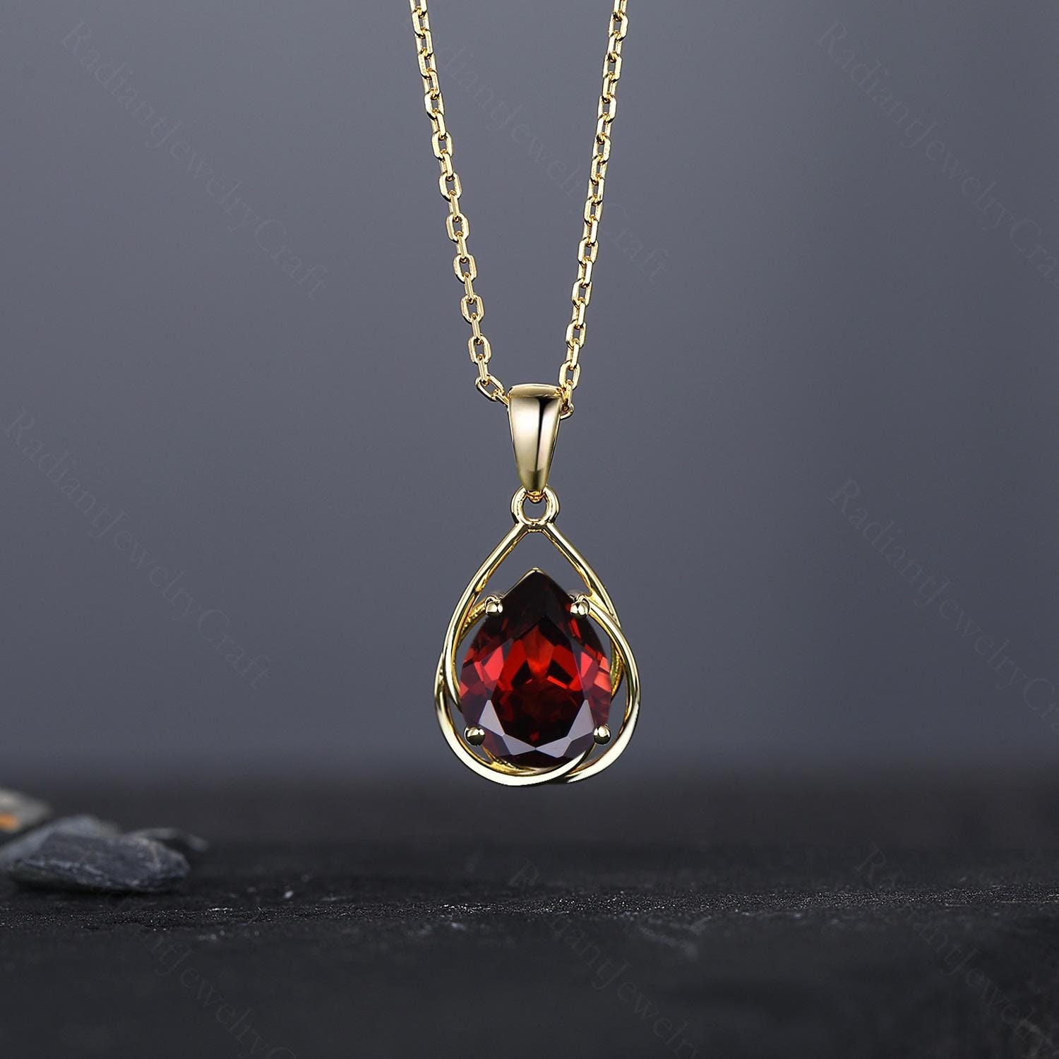 Handmade Pear Garnet & Silver Pendant Set – 3pcs, Lab-Created Red Stone, Family & Friends Theme - View #2