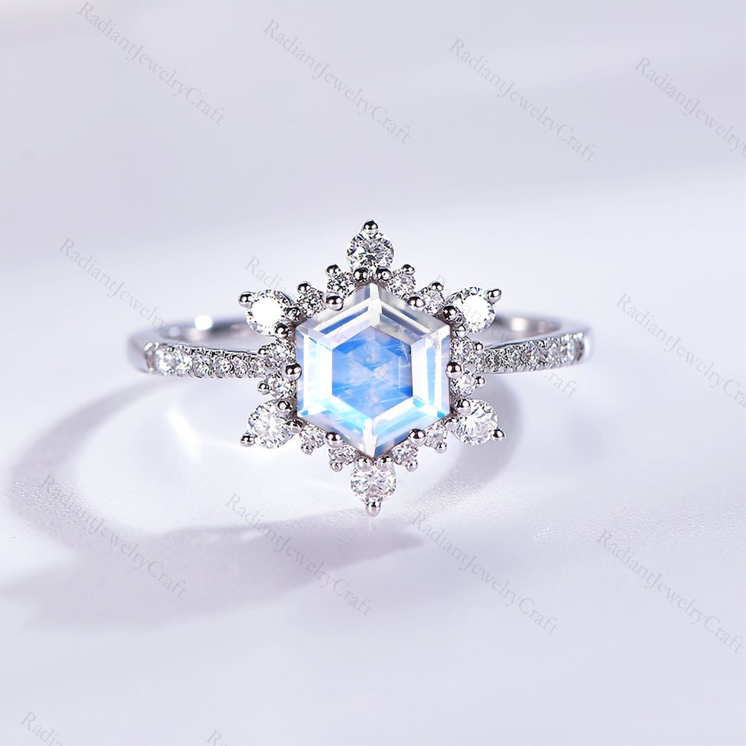 Snowflake Moonstone Engagement Ring: Art Deco Moissanite Halo, White ...
