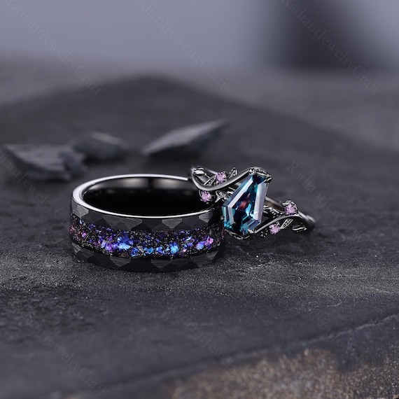 Alexandrite Engagement Ring Set: Black Gold Sterling Silver