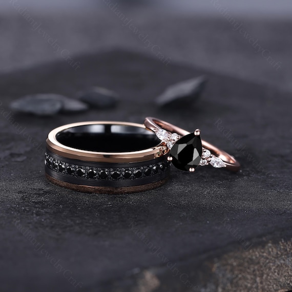 Black Onyx & Diamond Couple's Ring Set: Vintage Style Rose Gold