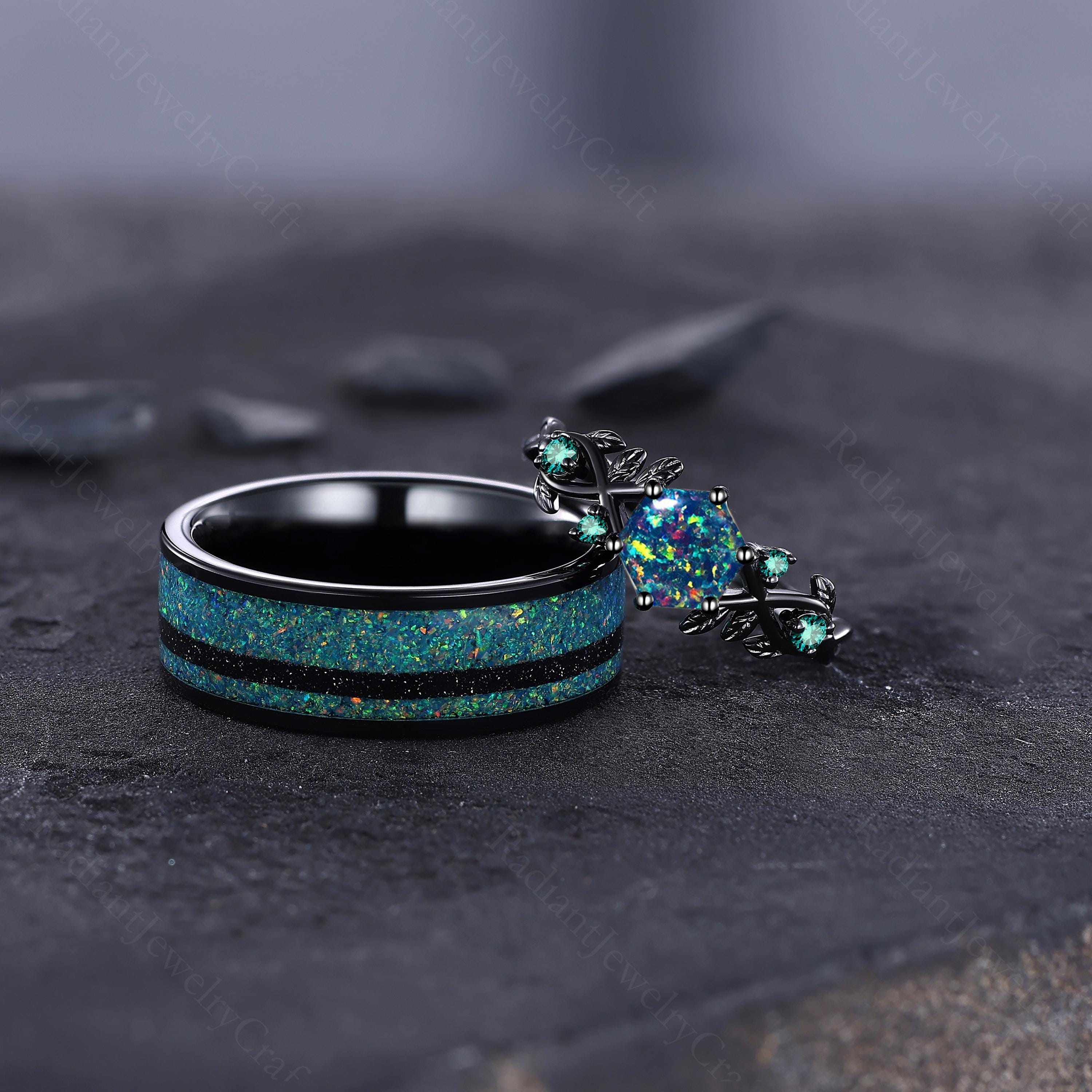 Peacock Opal Couples Ring Set: Black Gold Plated & Tungsten