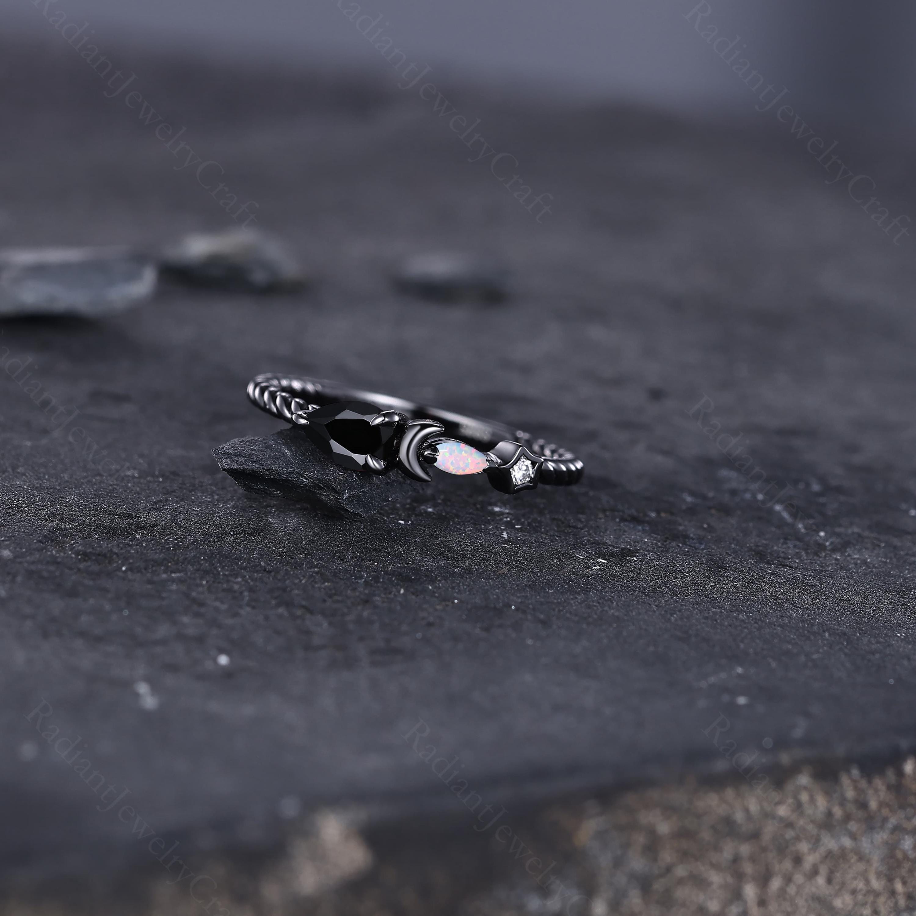 Pear Shaped Onyx Engagement Ring, Handmade Moon Design Black Onyx