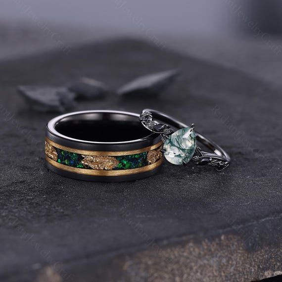 Green Moss Agate Pear Shaped Ring Set, His and Her Wedding Band
