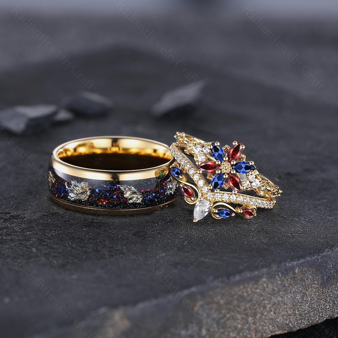 Ruby Inlaid Wring Blue Sapphire & Ruby Sterling Silver Ring Set: Tungsten Inlay Wedding ...