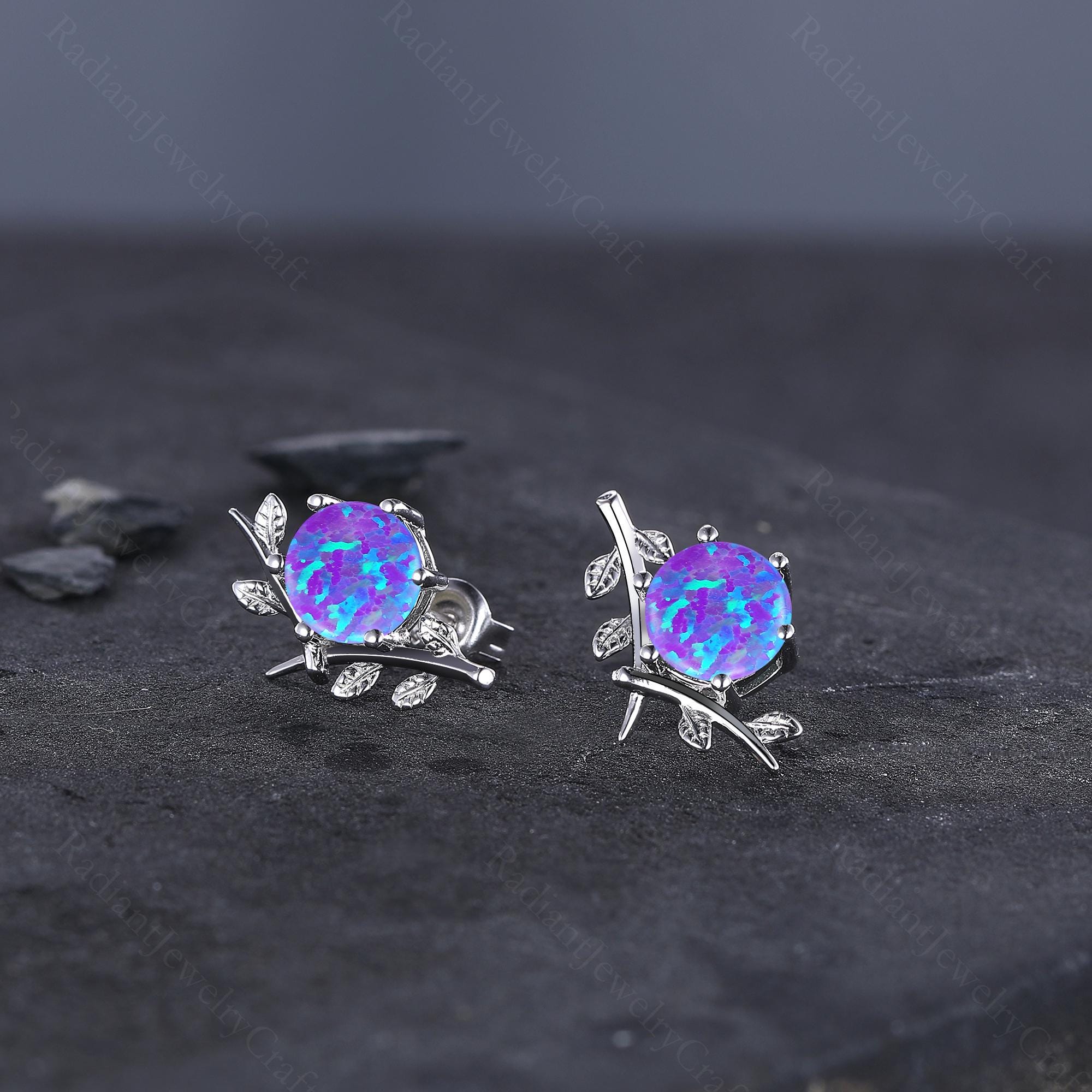 Lavender Opal Stud Earrings: 14K White Gold, Minimalist Leaf Design