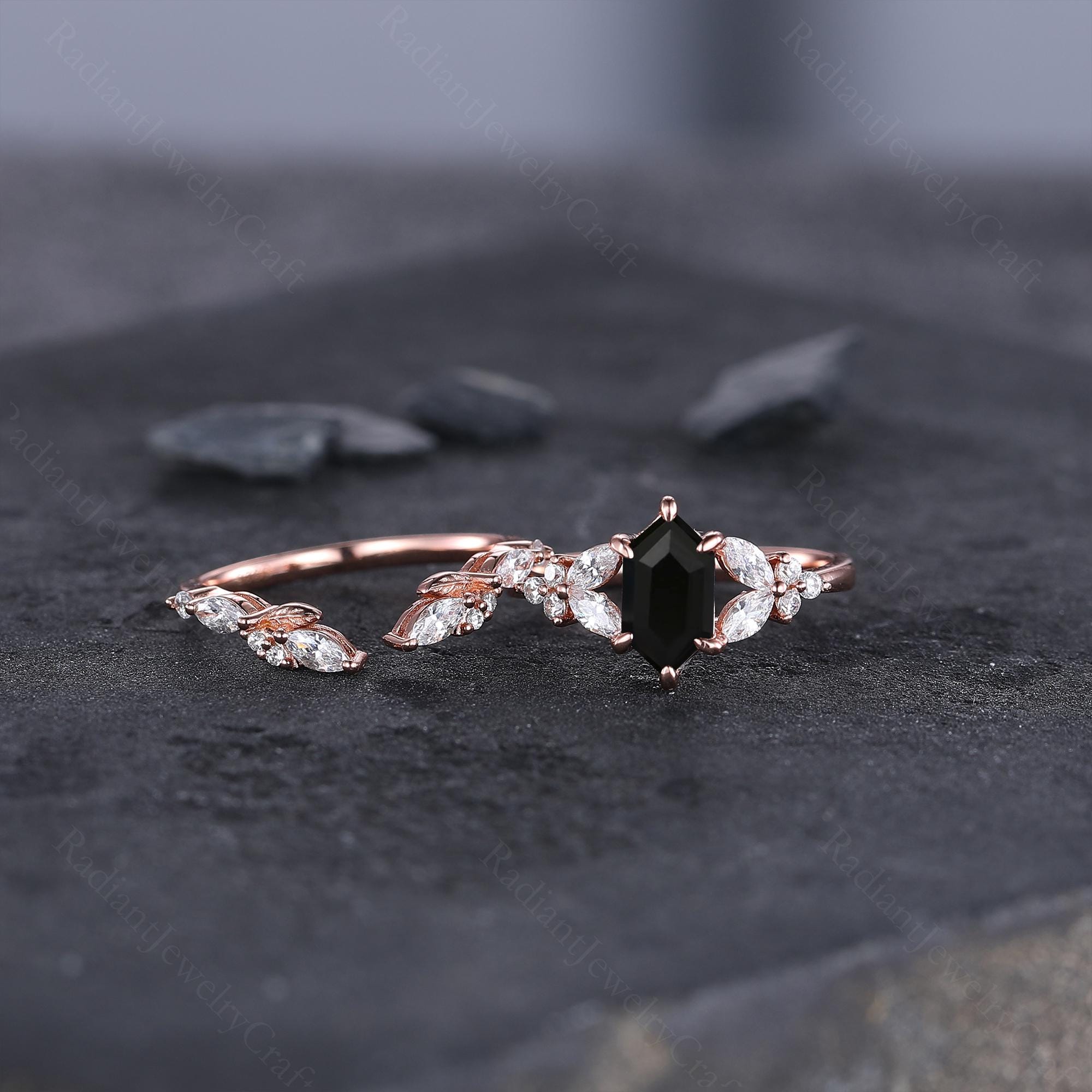 Black Onyx & Diamond Ring Set: Rose Gold Wedding Bands, Tungsten