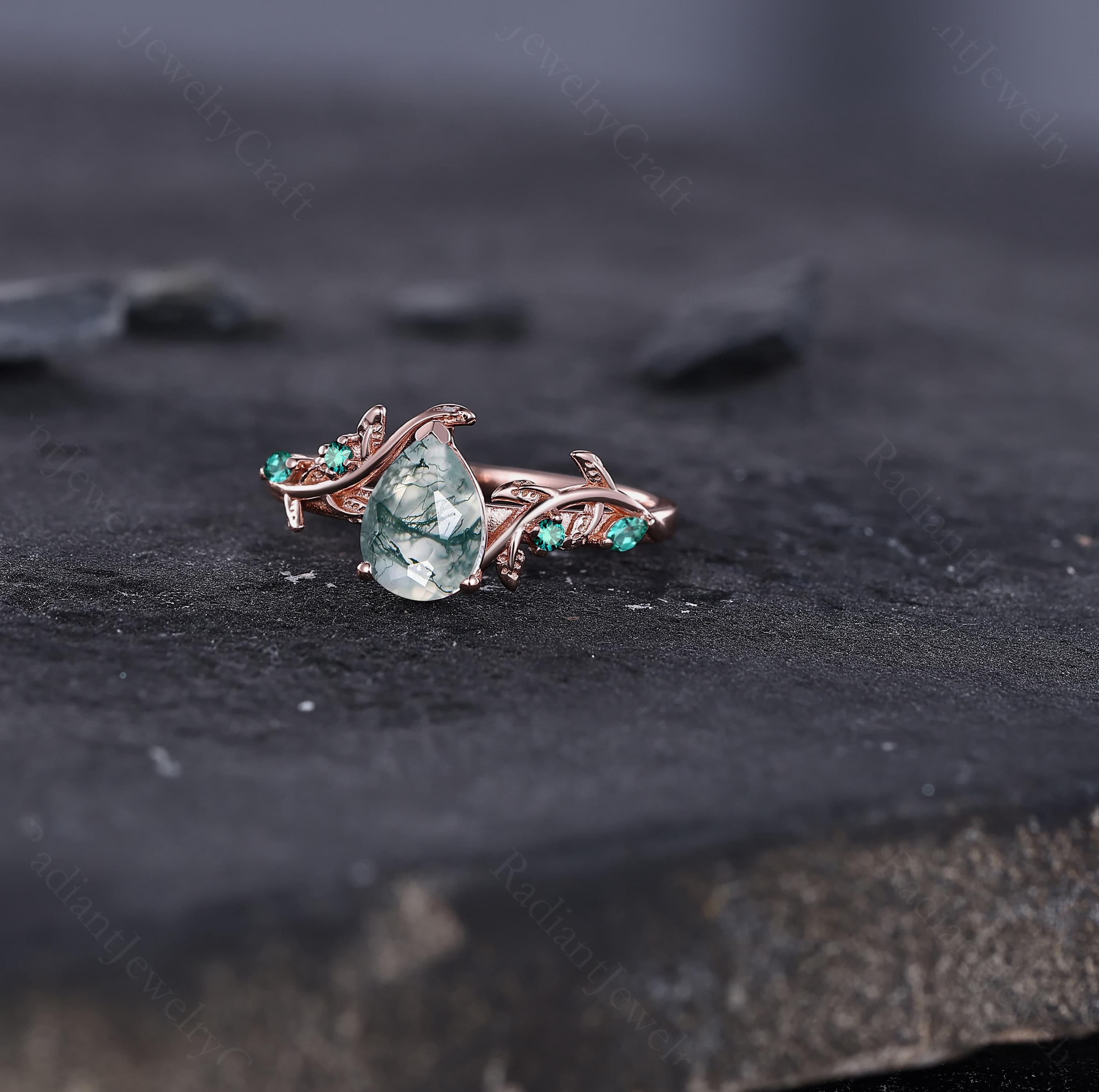 Personalized Rose Gold Green Moss Agate Couples Ring Set, Nature