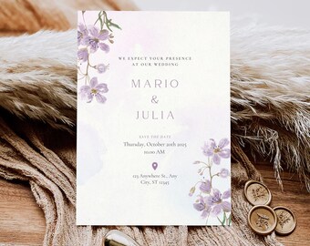 Light Minimal Canva Wedding Invitation | Purple Floral Editable Wedding Invite | Digital Wedding Template