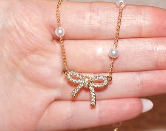 Gold Necklace Jewelry Women, 18k Adjustable Choker Bow Pearl Chain, Gifts for her, Gifts for girlfriend, Christmas Gift, Bridesmaid Gift Box