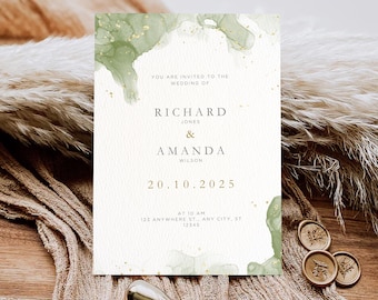 Minimal Green Wedding Invitation Template | Canva Editable Digital Wedding Invite | Simple Elegant Wedding Design
