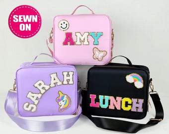 Personalized Lunch Box Bag Customizable Lunch Bag Nylon Chenille Patches Kid Lunch Bag with Strap Back to school Custom Monogram Patch Bento