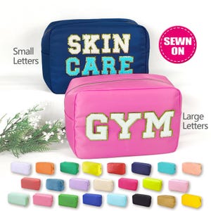 Personalized Cosmetic Bag XL Custom Makeup Bag Nylon Pouch Sewn Chenille Patches X-Large Travel Case Large Toiletry spf Bag Bridesmaid Gift
