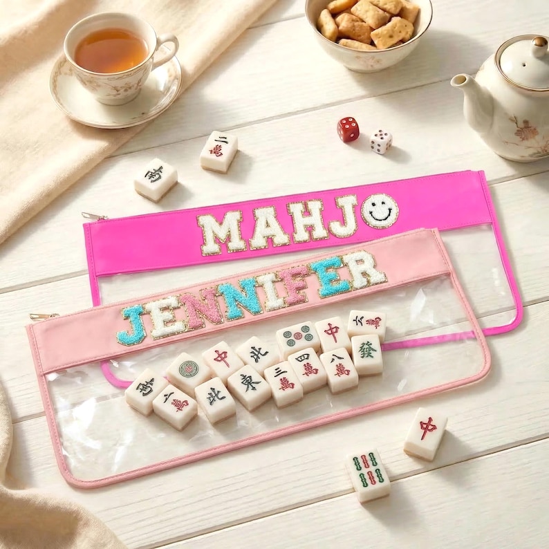Custom Mahjong Bag Personalized Nylon Tiles Pouch With Chenille Patches ...