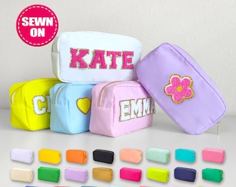 Sewn Large Cosmetic Bag Custom Makeup Bag Personalized Nylon Pouch Chenille Patches L Size Travel Case Patch Toiletry SPF Bag with Name Gift