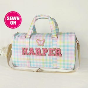 Personalized Duffle Bag Sewn Patches Custom Nylon Duffle Bag Travel Weekend Duffle Gym Bag Overnight Sleepover Bag with Name Chenille Letter