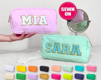 Sewn Large Cosmetic Bag Custom Makeup Bag Personalized Nylon Pouch Chenille Patches L Size Travel Case Patch Toiletry SPF Bag Bride Gift