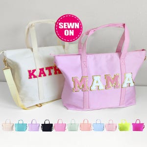 Bolsa Tote com Patches Costurados Bolsa Tote Personalizada de Nylon Bolsa Tote Personalizada para Viagem de Fim de Semana Bolsa para Pernoite Bolsa de Academia Bolsa de Chenille com Letras Patch para Noiva