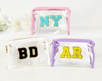 Custom Clear Cosmetic Pouch Personalized Clear Makeup Bag Clear Travel Toiletry Pouch with Name Patches Customized Chenille Patch Letters