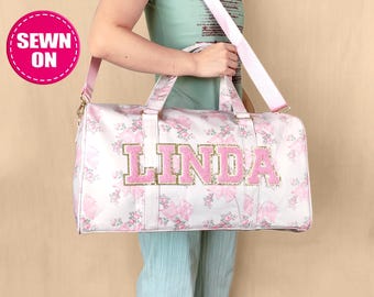 Borsone personalizzato con toppe cucite, borsone in nylon personalizzato, borsone da viaggio per il weekend, modello per palestra, borsa da notte per pigiama party, nome, ciniglia, lettera