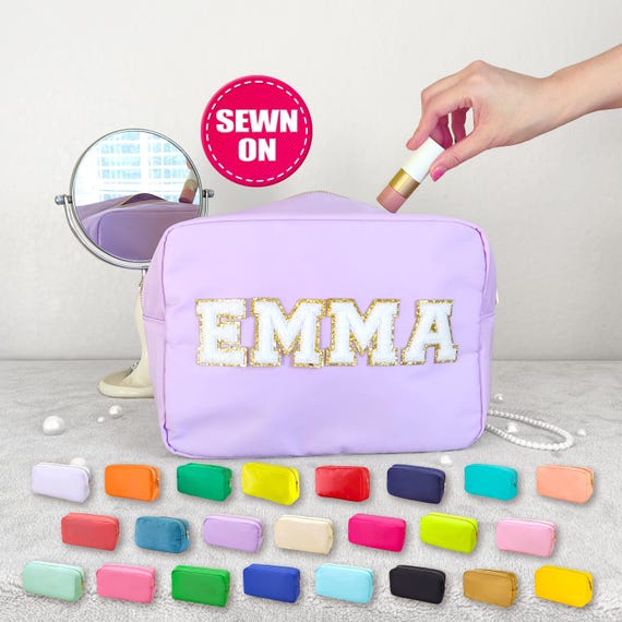 Personalized XL Cosmetic Bag Custom Makeup Bag Sewn Nylon Pouch Chenille Patches X-Large Travel Case Large Toiletry spf Bag with Name Gift