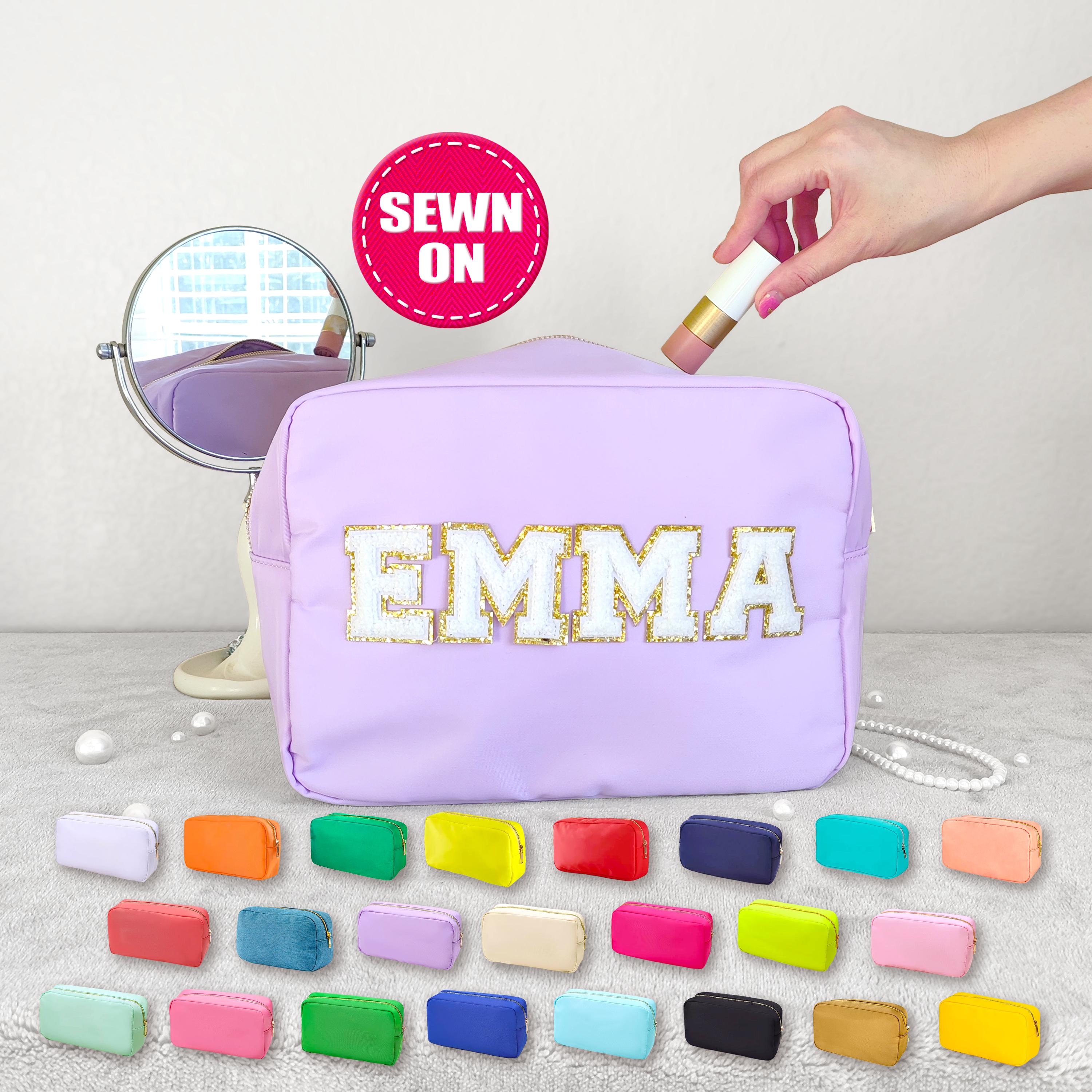 Personalized XL Cosmetic Bag Custom Makeup Bag Sewn Nylon Pouch Chenille Patches X-Large Travel Case Large Toiletry spf Bag with Name Gift
