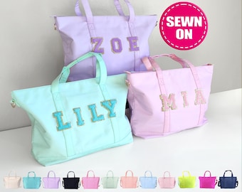 Sewn Patches Tote Bag Personalized Nylon Tote Bag Custom Travel Weekend Tote Bag Overnight Bag with NameVarsity Chenille Letter Patch Bride
