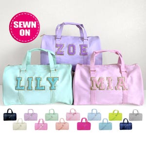 Custom Duffle Bag Sewn Patches Personalized Nylon Duffle Bag Travel Weekend Duffle Gym Bag Overnight Sleepover Bag with Name Chenille Letter