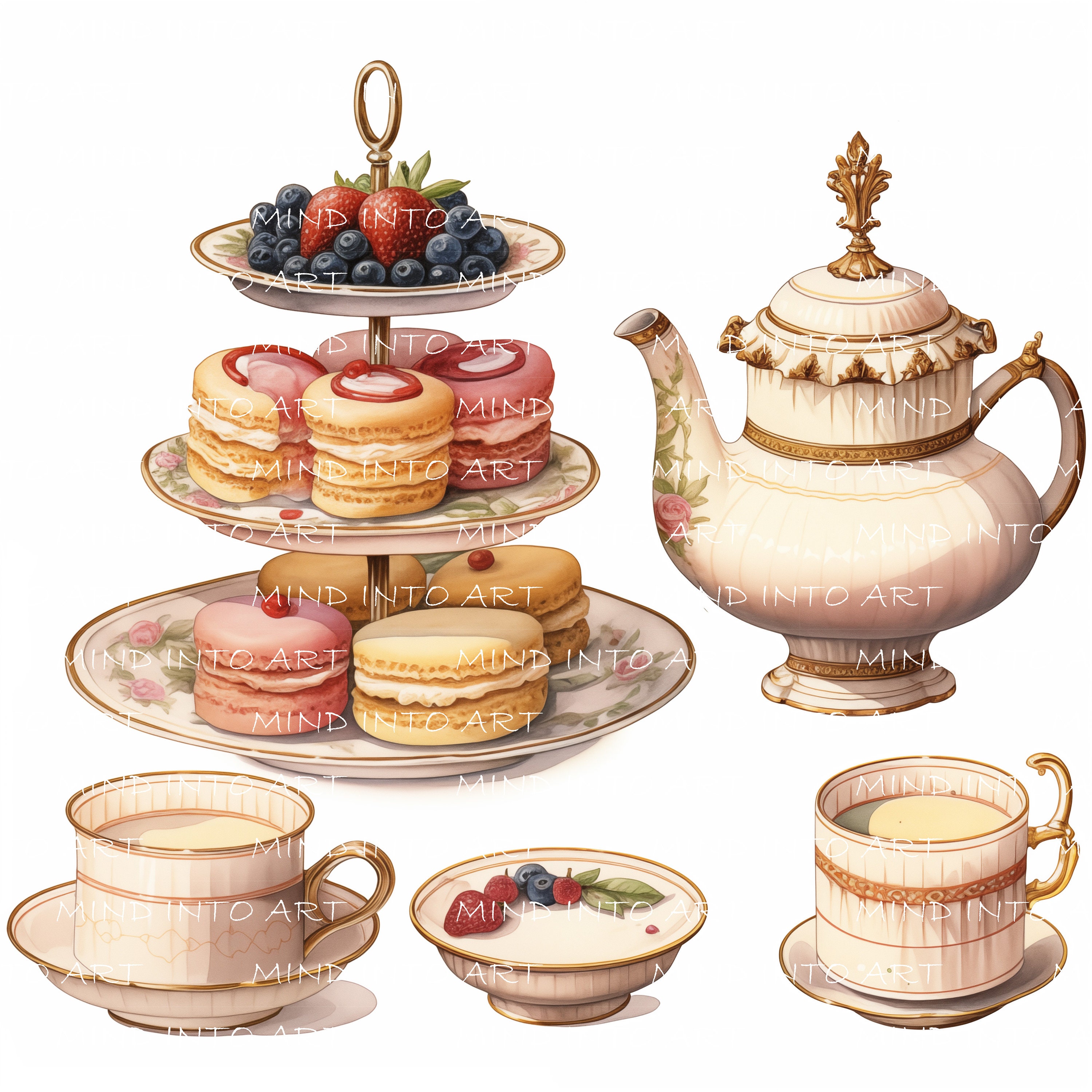 Afternoon Tea Clipart Set - Clip Art Set, Vintage Tea Party, Cakes ...