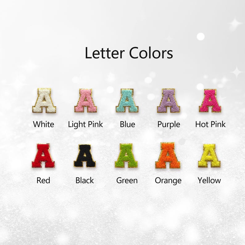 May include: A display of the letter "A" in various colors, including white, light pink, blue, purple, hot pink, red, black, green, orange, and yellow. Each letter has a gold border and a textured appearance. The text "Letter Colors" is at the top.