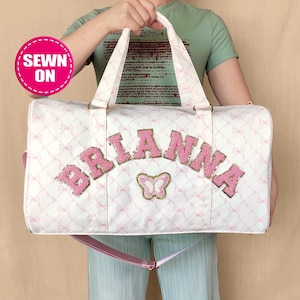 Personalized Duffle Bag Sewn Patches Custom Nylon Duffle Bag Travel Weekend Duffle Pattern Gym Overnight Sleepover Bag Name Chenille Letter