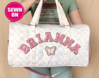 Borsone personalizzato con toppe cucite, borsone in nylon personalizzato, borsone da viaggio per il weekend, modello per palestra, borsa da notte per pigiama party, nome, ciniglia, lettera