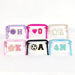 Personalized Clear Cosmetic Pouch Custom Clear Makeup Bag Clear Travel Toiletry Pouch Patches Nylon Zipper Customized Chenille Patch Letters