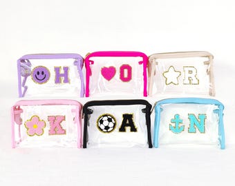 Personalized Clear Cosmetic Pouch Custom Clear Makeup Bag Clear Travel Toiletry Pouch Patches Nylon Zipper Customized Chenille Patch Letters