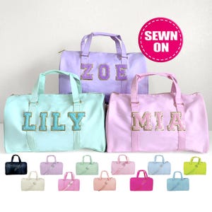Benutzerdefinierte Reisetasche Genäht Patches Personalisierte Nylon Duffle Bag Reisetasche Wochenendtasche Sporttasche Übernachtung Schlaftasche mit Name Chenille Buchstabe