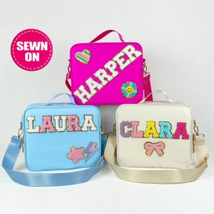 Sac boîte à lunch personnalisé Sac à lunch personnalisé Patchs chenille en nylon pour enfant Boîte à lunch avec bandoulière monogramme Bento isotherme Fille garçon Cadeau