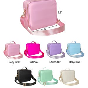 May include: A pink square-shaped bag with a top handle and a detachable shoulder strap. The bag is 10 inches wide, 8.5 inches high, and 4.5 inches deep. Additional bags are shown in hot pink, lavender, baby blue, black, mint, and cream.