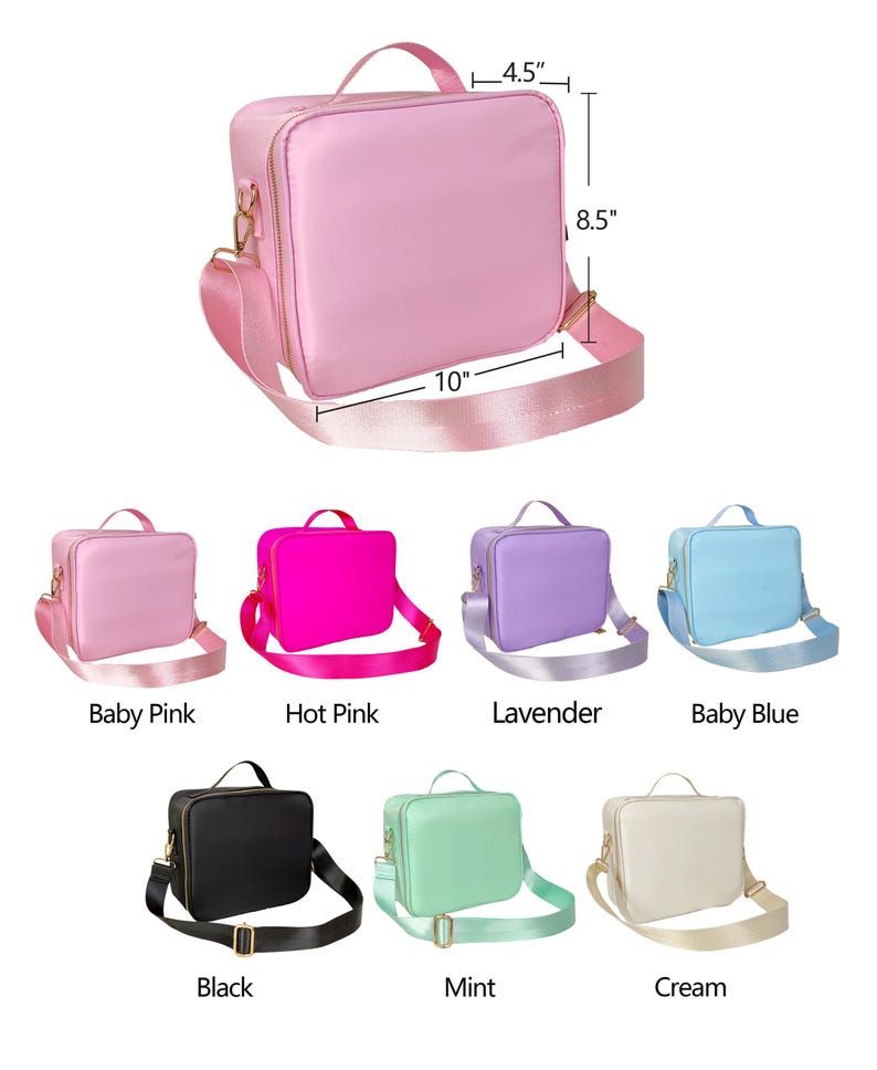 May include: A pink square-shaped bag with a top handle and a detachable shoulder strap. The bag is 10 inches wide, 8.5 inches high, and 4.5 inches deep. Additional bags are shown in hot pink, lavender, baby blue, black, mint, and cream.