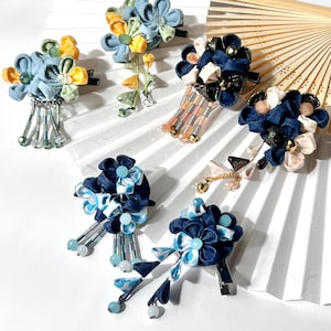 Handmade Japanese Tsumamizaiku Denim&Cotton Floral Hair Clip/Corsage/Brooch with Tassel + Sagari