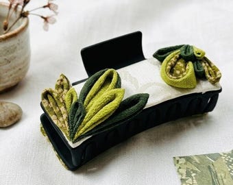 Pinza para el cabello japonesa Kanzashi Tsumami Zaiku, pinza de garra, hoja verde Chirimen y seda de kimono reciclada, accesorio para el cabello japonés hecho a mano