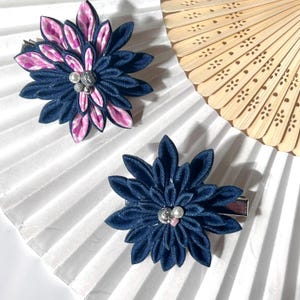 Handmade Japanese Floral Kanzashi Tsumamizaiku Alligator Denim Hair Clip/ Corsage