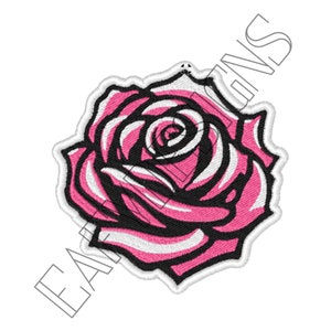 May include: A pink and white rose with black outlines. The rose is stylized and has a simple design.