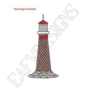 May include: An embroidered lighthouse design with a red roof and accents, a brown tower, and a gray stone base. The text "Resizing Available" is in the upper left corner. The design is on a white background.