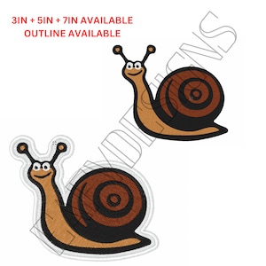 May include: Two embroidered snail patches with smiling faces and brown shells. The patches are available in 3, 5, and 7 inch sizes. The text "3IN + 5IN + 7IN AVAILABLE OUTLINE AVAILABLE" is printed above the patches.