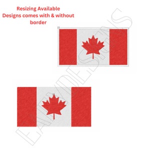May include: Two versions of an embroidered Canadian flag design. The top version has a white border, while the bottom version does not. Both versions feature a red maple leaf on a white background with red stripes on either side.