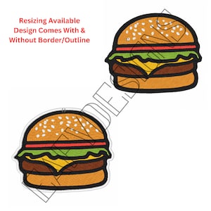 May include: Two cartoon-style embroidered patches of a hamburger with sesame seed bun, lettuce, tomato, cheese, and a meat patty. The patches are available with or without a border.