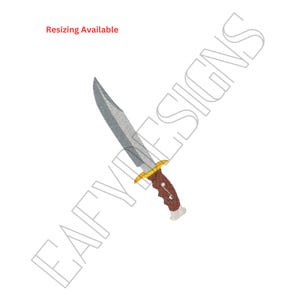 May include: A silver knife with a brown handle and a gold accent. The knife is pointed upwards.